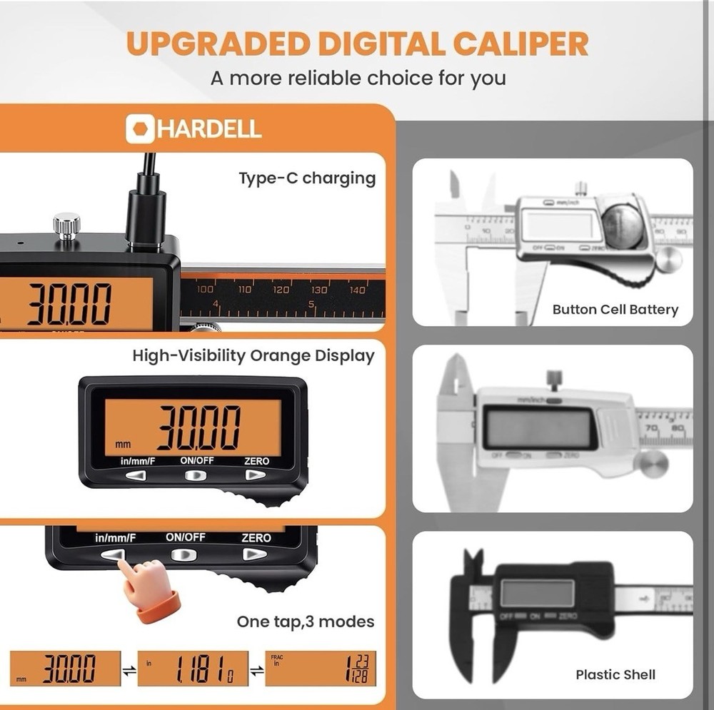 HARDELL Digital Caliper, Rechargeable with Large Orange Screen