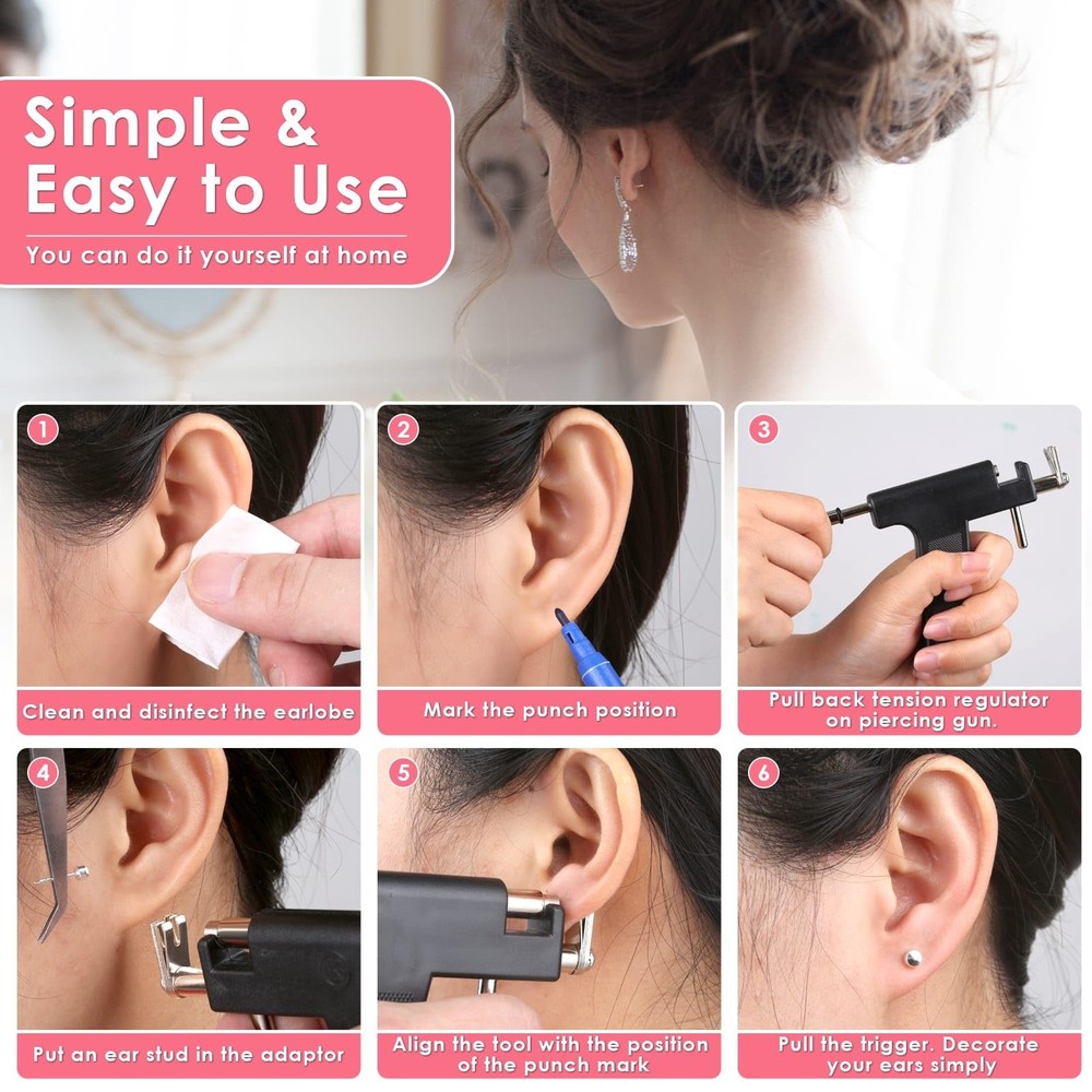 Professional Ear Piercing Gun Kit, Reusable with Stainless Black