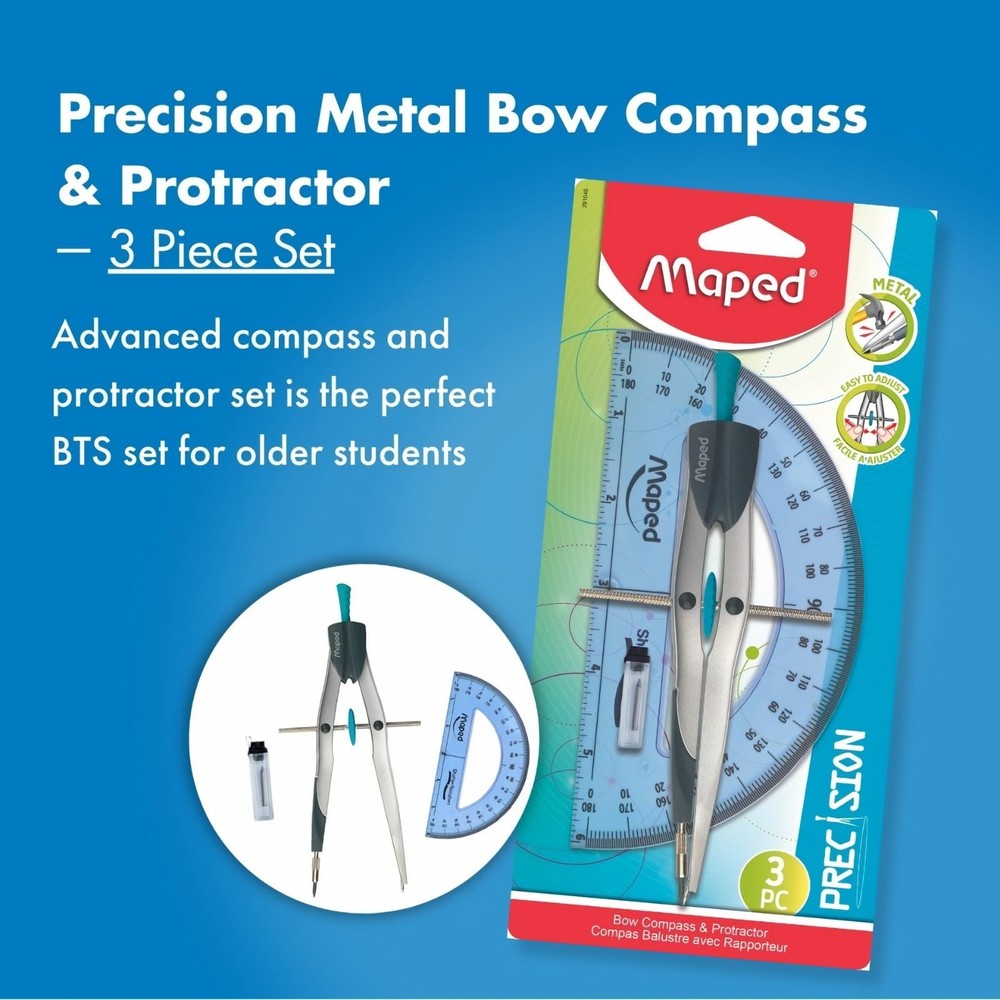 Maped - Precision Metal Bow Compass & Protractor, 3 Piece Set - Older Student...