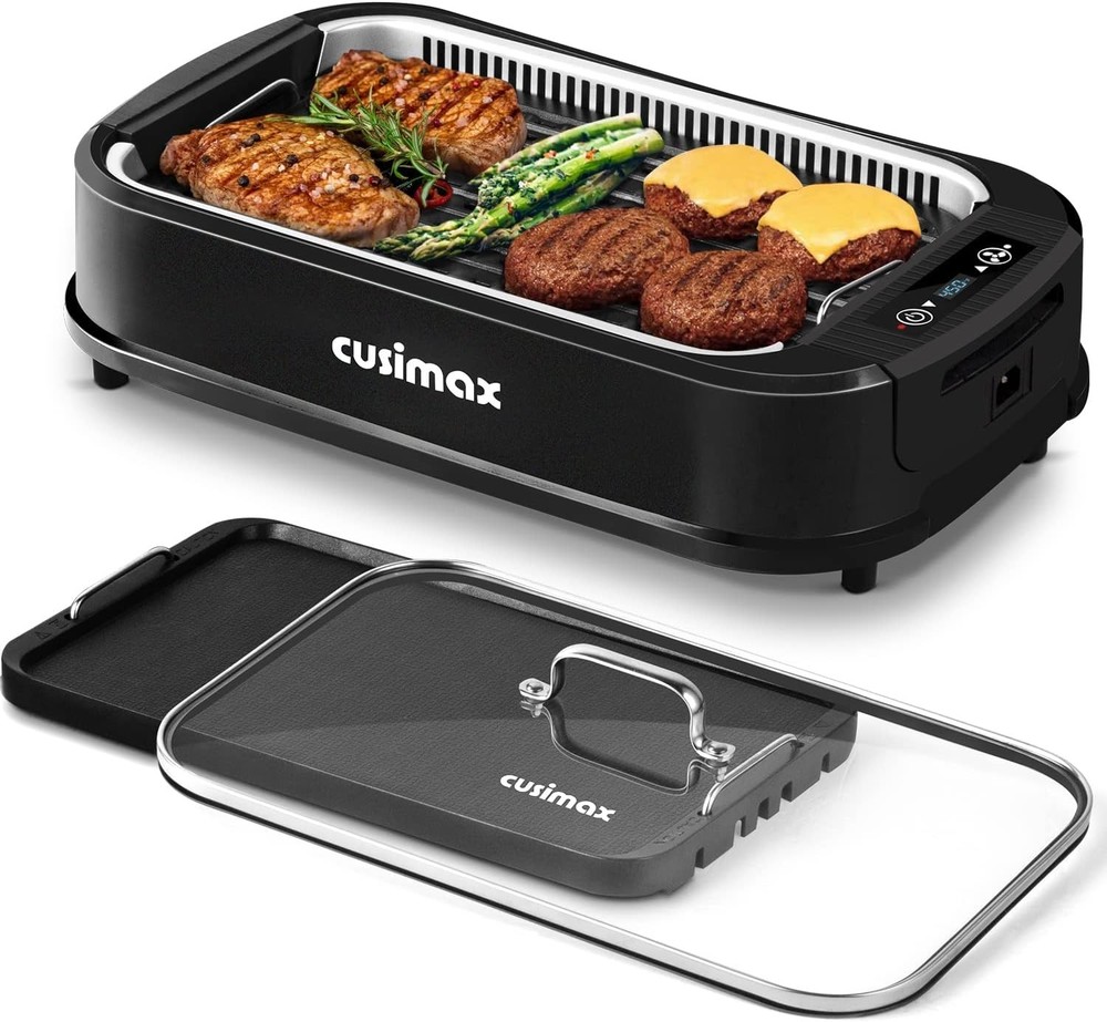 Cusimax GR-200 Electric Smokeless Grill Griddle Black Double Plates Non-Stick