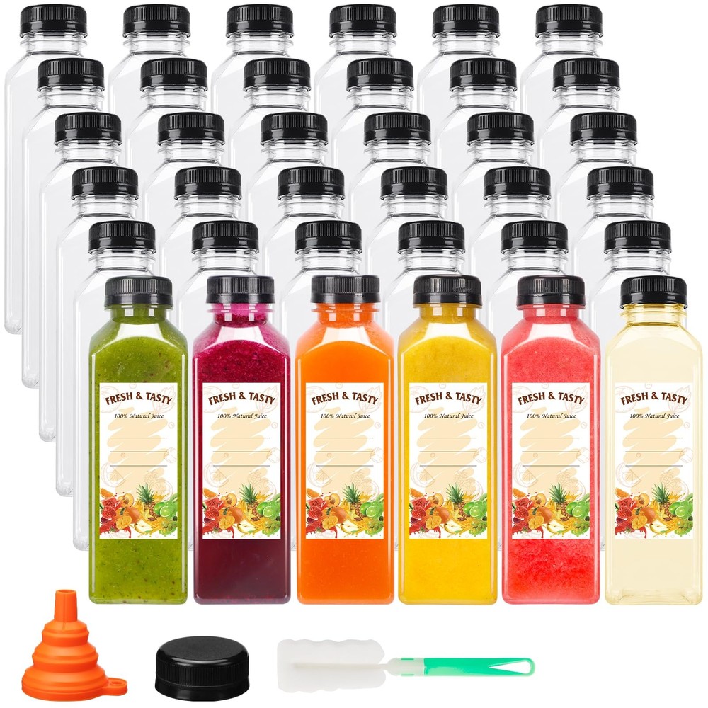 36 PCS 16oz Empty Plastic Juice Bottles With Caps Clear Beverage Container