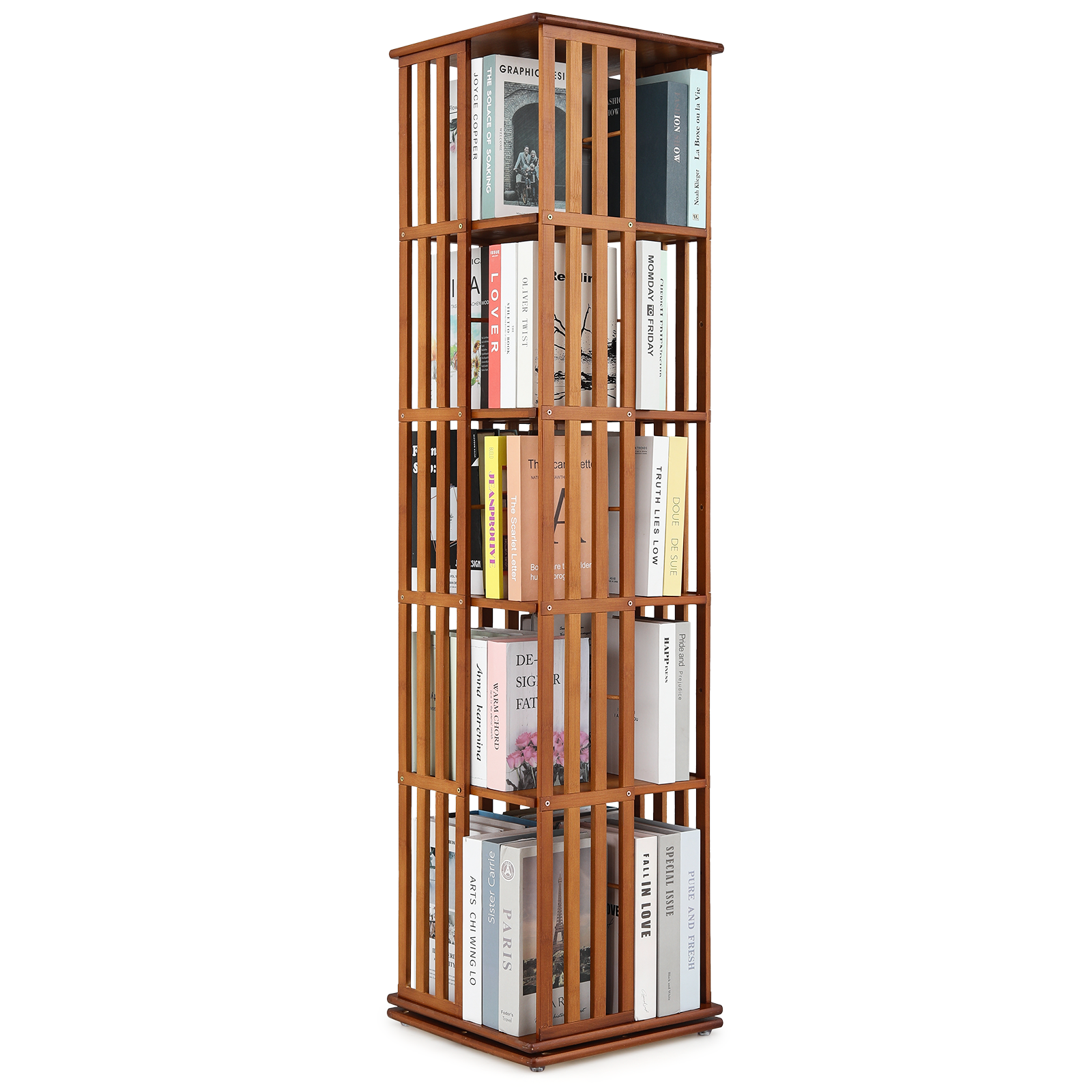 5 Tiers Brown Bamboo Rotating Bookshelf Open Shelving Storage Rack Freestanding