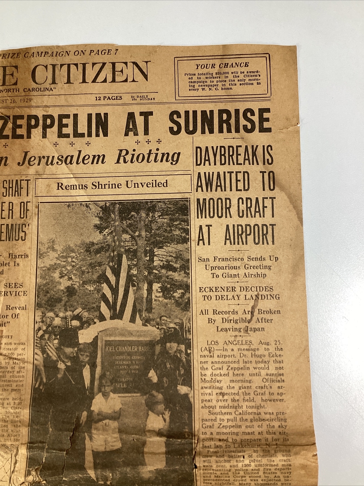 Ashville NC Newspaper Aug 26, 1929 Opera Zeppelin Israel Uncle Remus Great Ads!