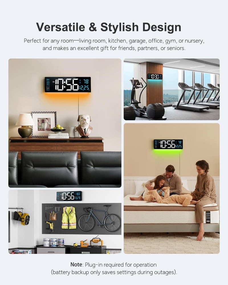 Digital Wall Clock, 16" Large Display Digital Clock with Night Light, Wall Cl...