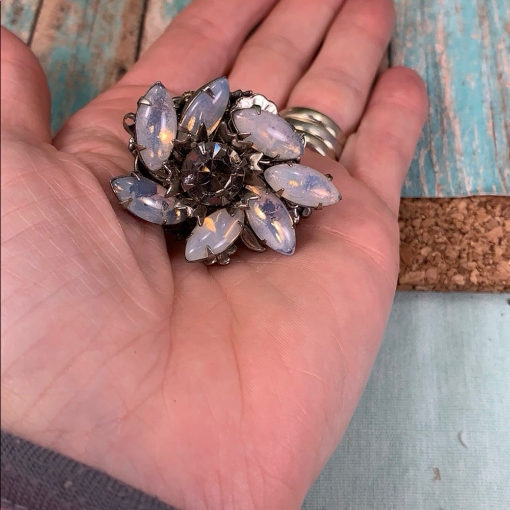 Adorned Crown artisan assemblage moonstone rhinestone cocktail ring