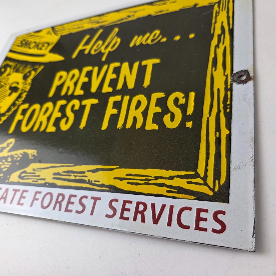 Vintage USA Forest Service Sign - Smokey the Bear Hiking Gas Porcelain Sign