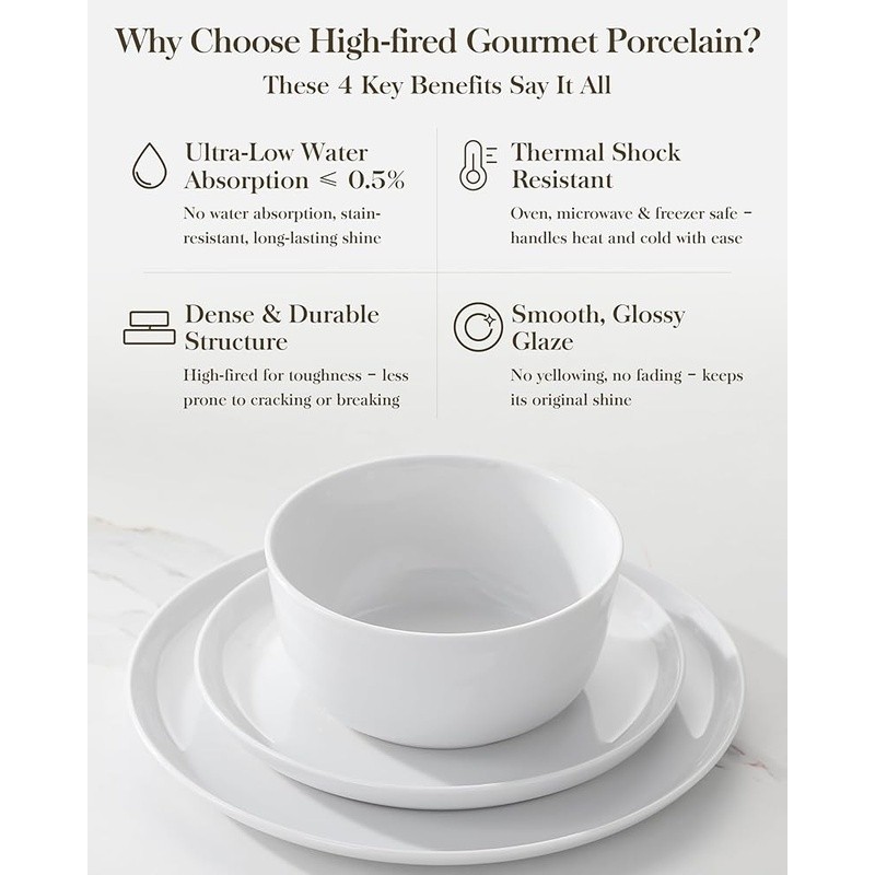 ECO Friendly Gourmet Porcelain Dinnerware Set Durable Dishwasher Microwave Safe