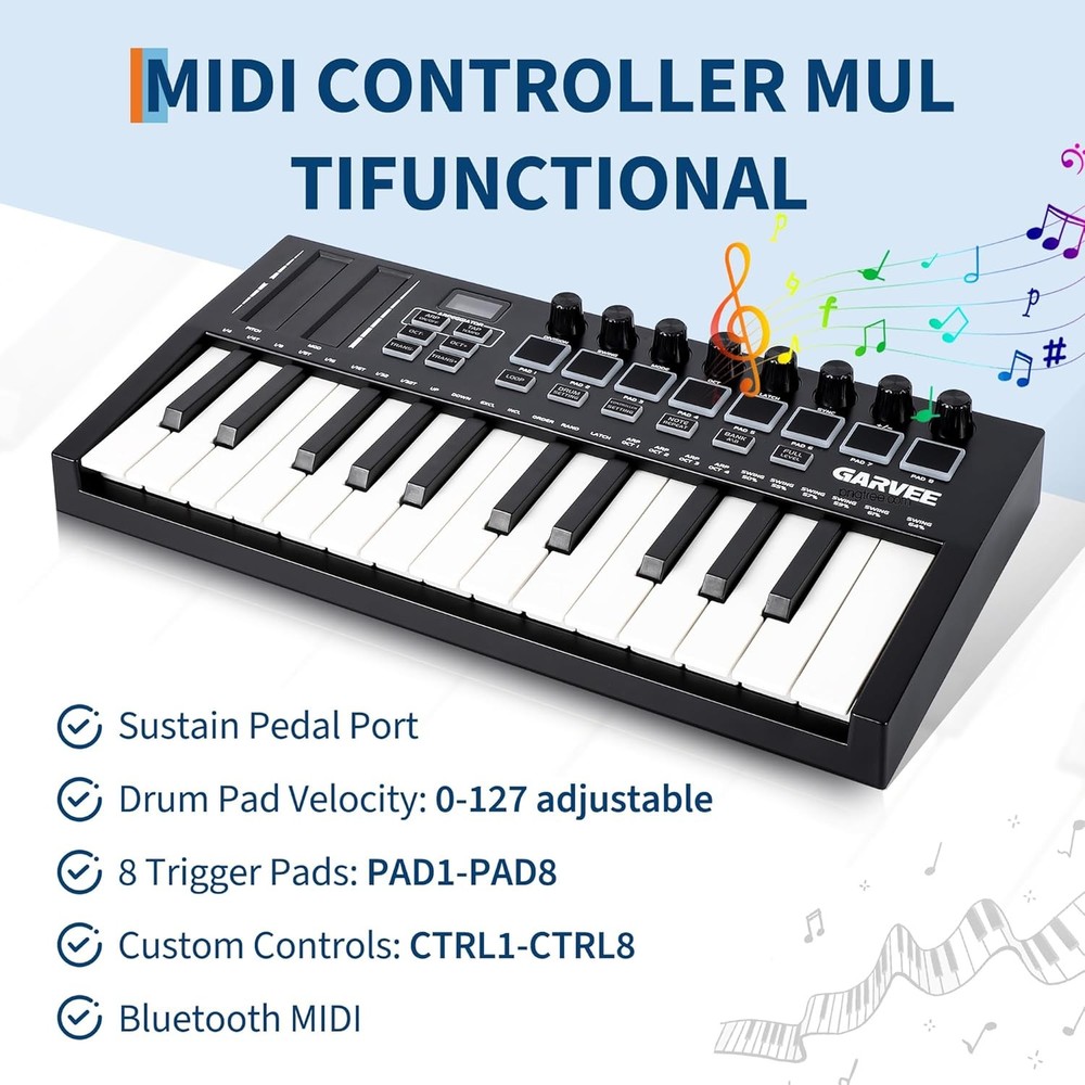 25-Key Half-Weight MIDI Keyboard with 8 Backlit Drum Pads & 8 Knobs, Bluetooth
