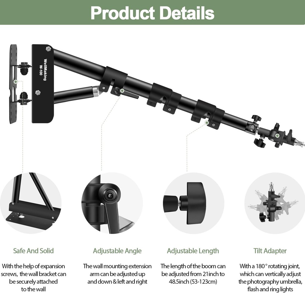 Wall Mount Triangle Boom Arm 39.37inch/100cm, Ring Light Mount Support 180°Fl...