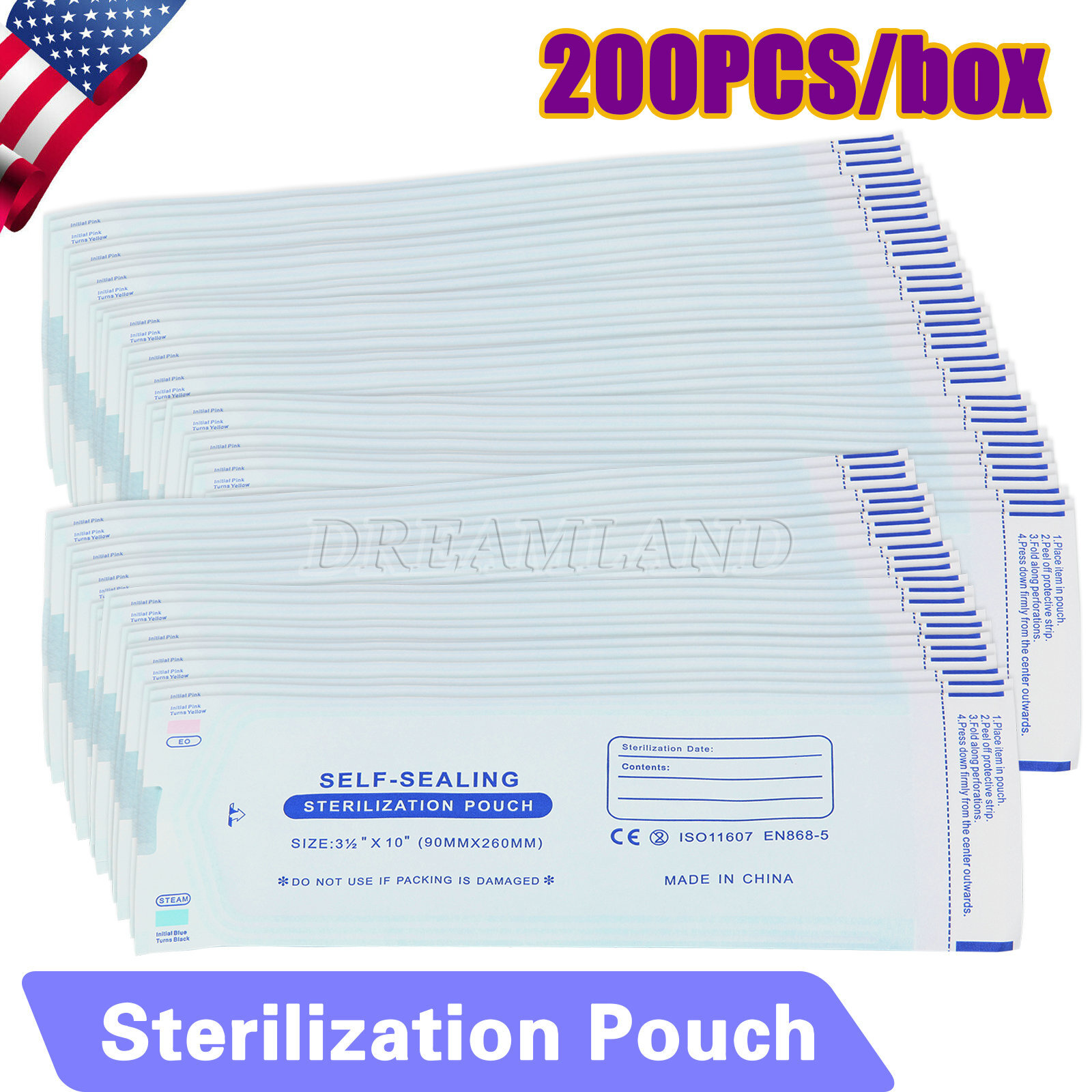 200PCS Self Seal Pouch Sterilization Bag Pouches Dental Medical 3.5" x 10"