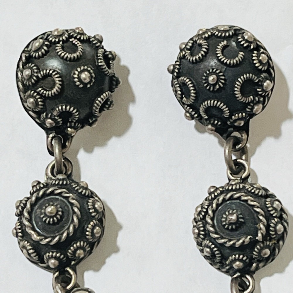 925 Triple Graduated Ball Scroll Work Earrings Post Mexico Sterling Signed 21gr