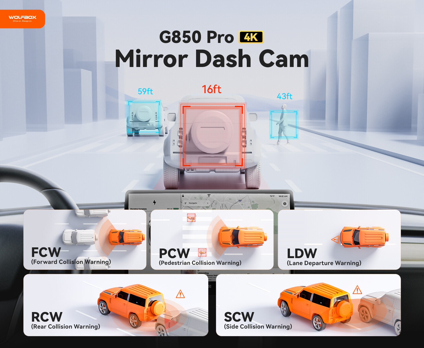 WOLFBOX G850 PRO 4K Mirror Dash Cam with ADAS & BSD, 5.8GHz WiFi Voice Control