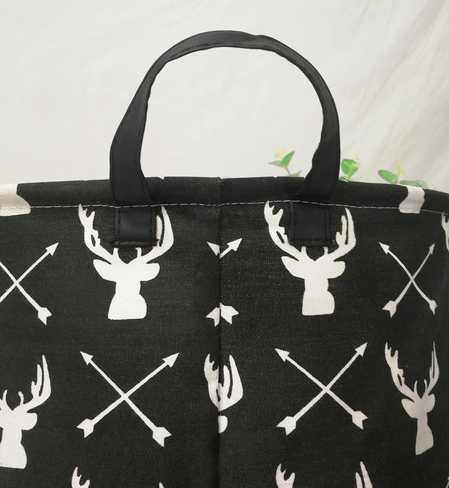 Round Laundry Hamper Deer Pattern Storage Organizer Basket Handles Bin Decor