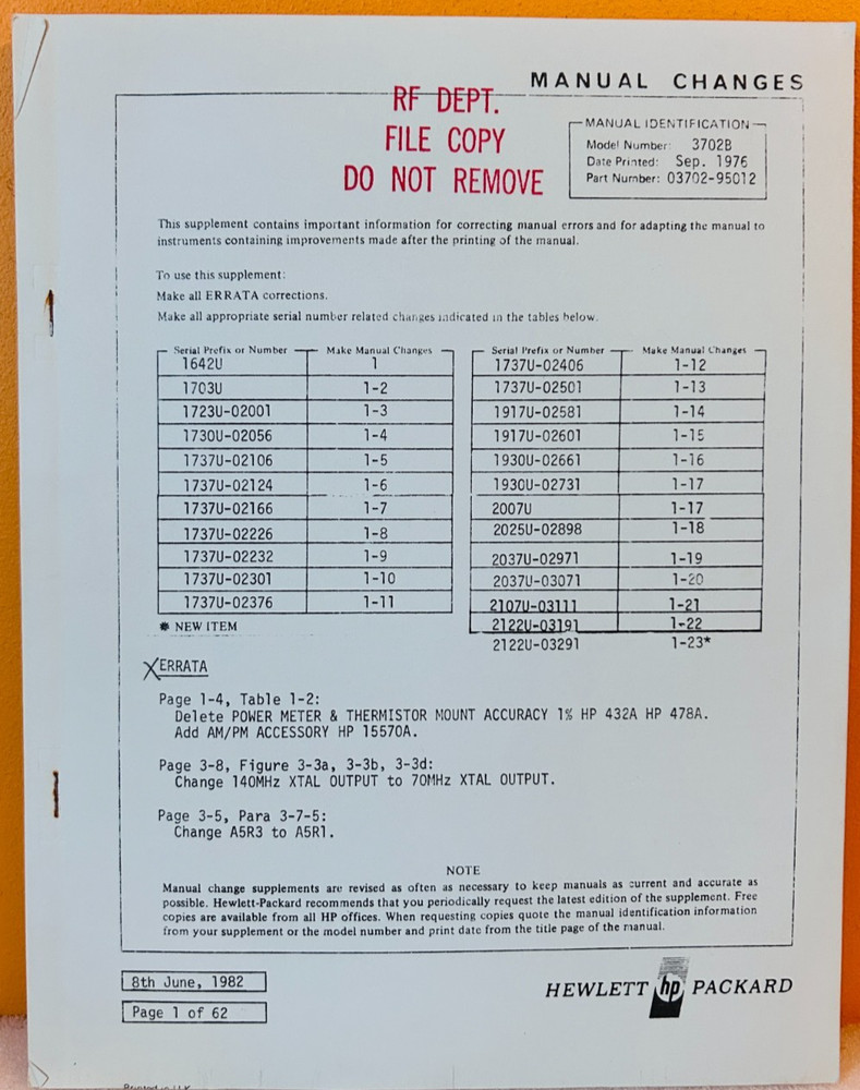 HP 03702-95012 1976 Model 3702B Manual Changes.