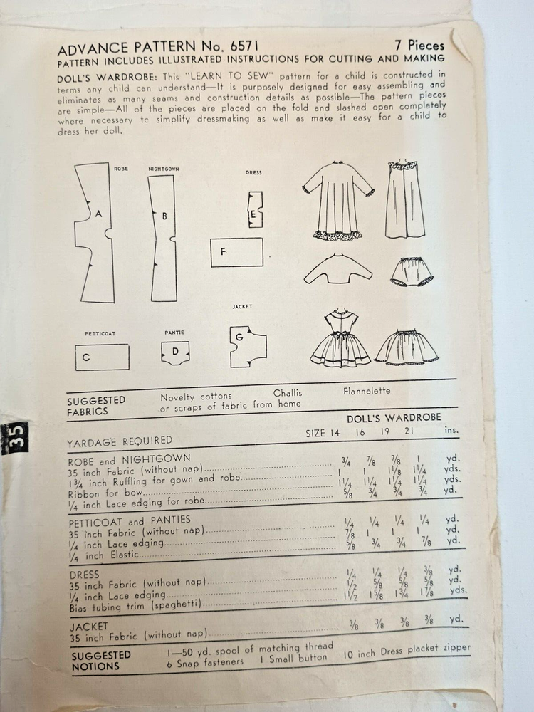 Advance 6571 Doll 19 Inch Unprinted Sewing Pattern Complete with Instructions