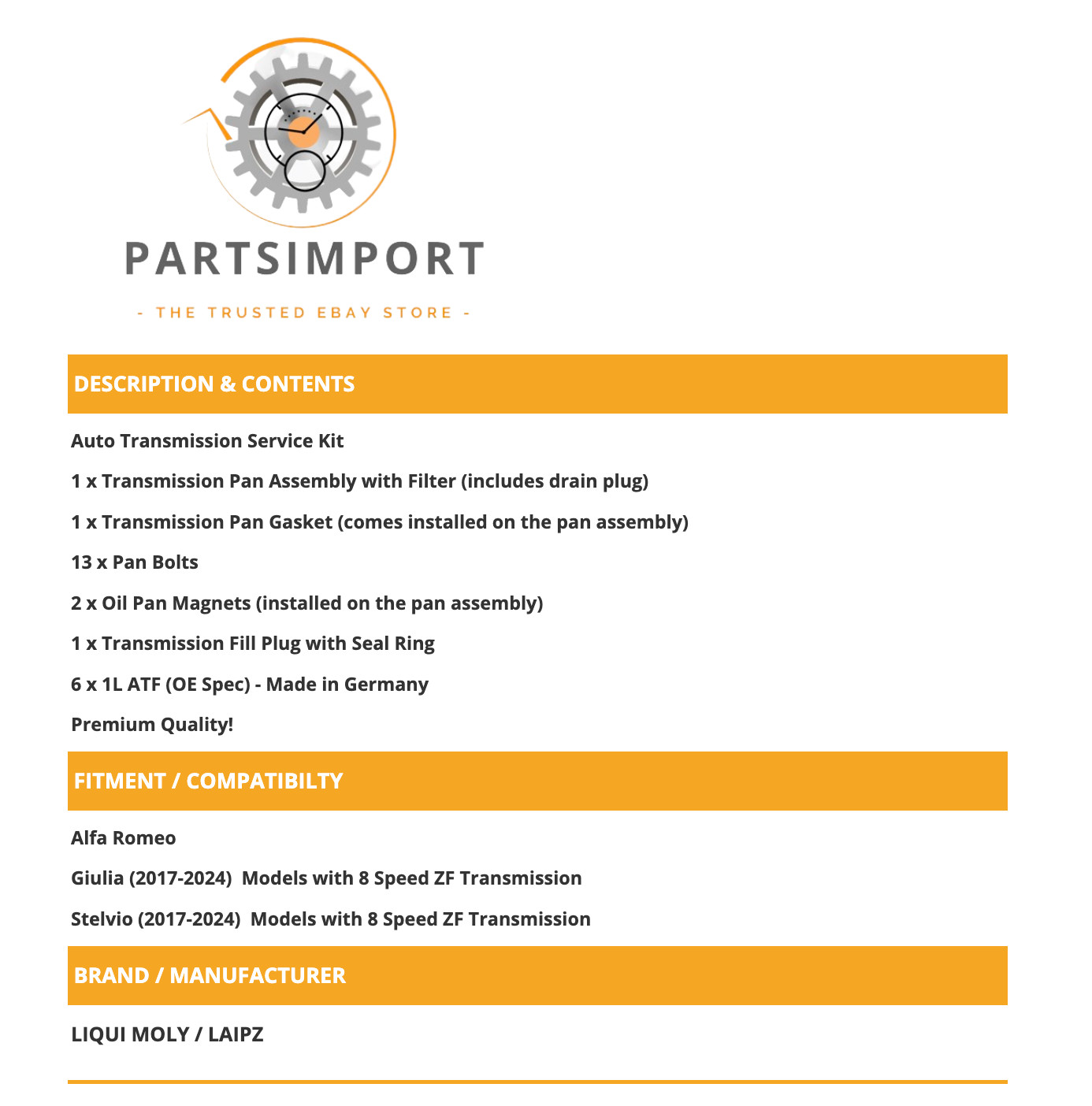 Auto Transmission Service Kit for ALFA ROMEO GIULIA & STELVIO (2017-2024) 8 Spd