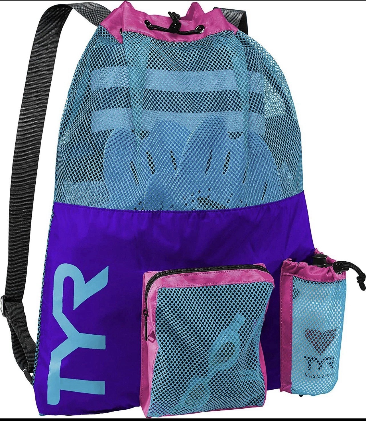 TYR Big Mesh Swim Backpack - Water Swimming Training Workout - Purple Blue Pink