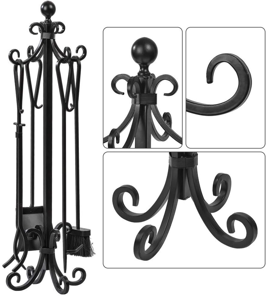 5-Piece Black Fireplace Tools Set with Log Holder - Rustic Antique Accessories