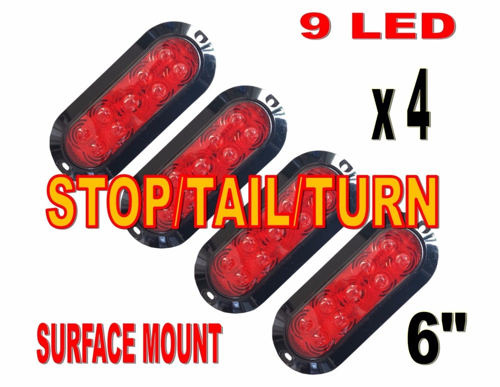 Red 6" Oval Stop Turn Tail Lights (FOUR EACH) 9 LED Surface Mount
