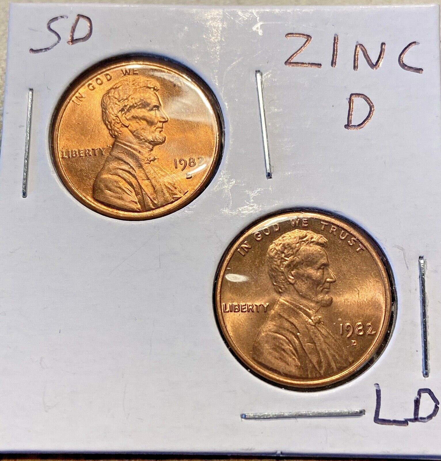 1982 P D Lincoln Cent Uncirculated 7 Coin Variety Set Small & Large Copper &Zinc