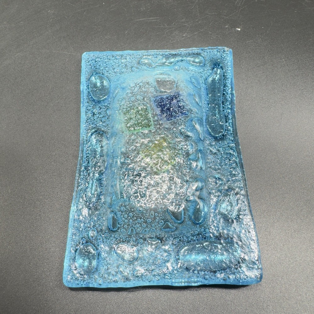Vintage Hand Made Rectangular Trinket Dish Holder Container Plate Blue Bubbles
