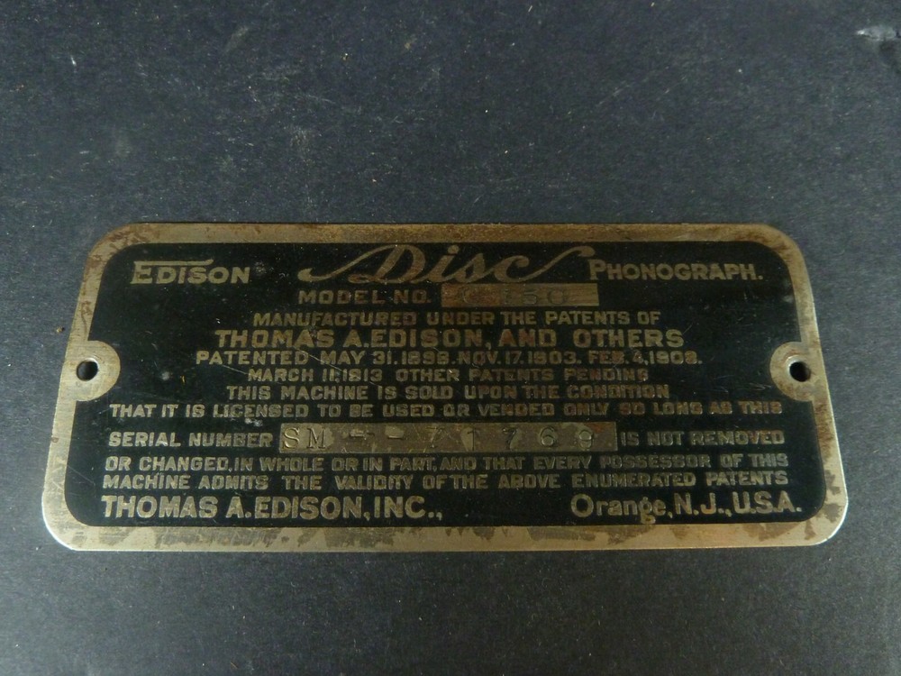 Edison Disc Phonograph Model A-150 Original Name Plaque Placard