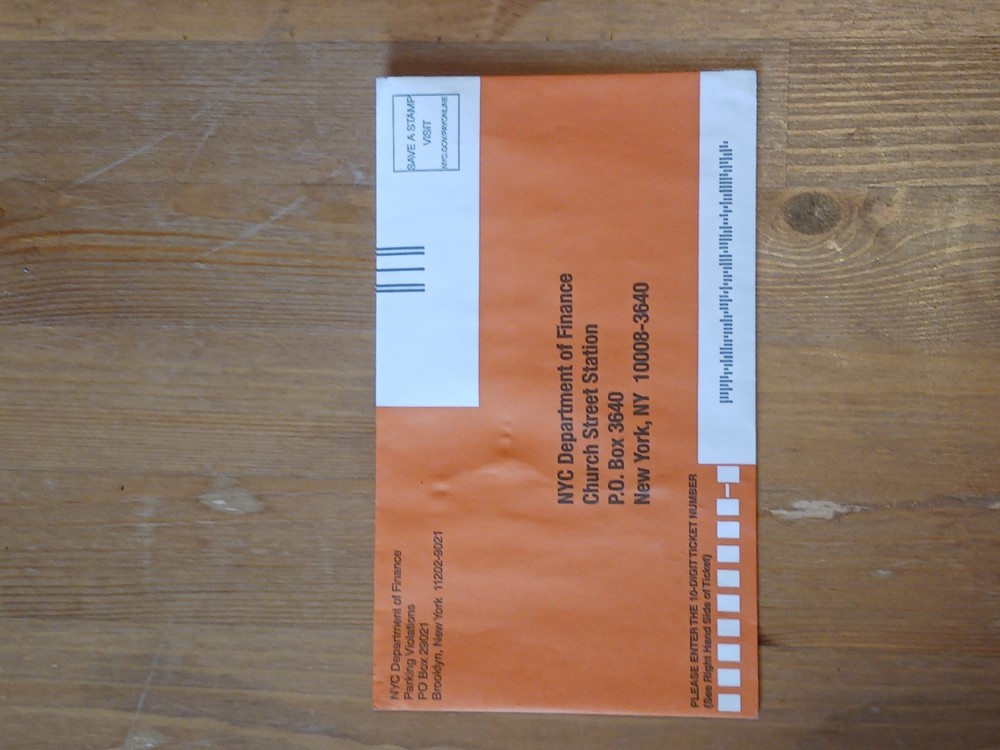 NYC Traffic Ticket envelope