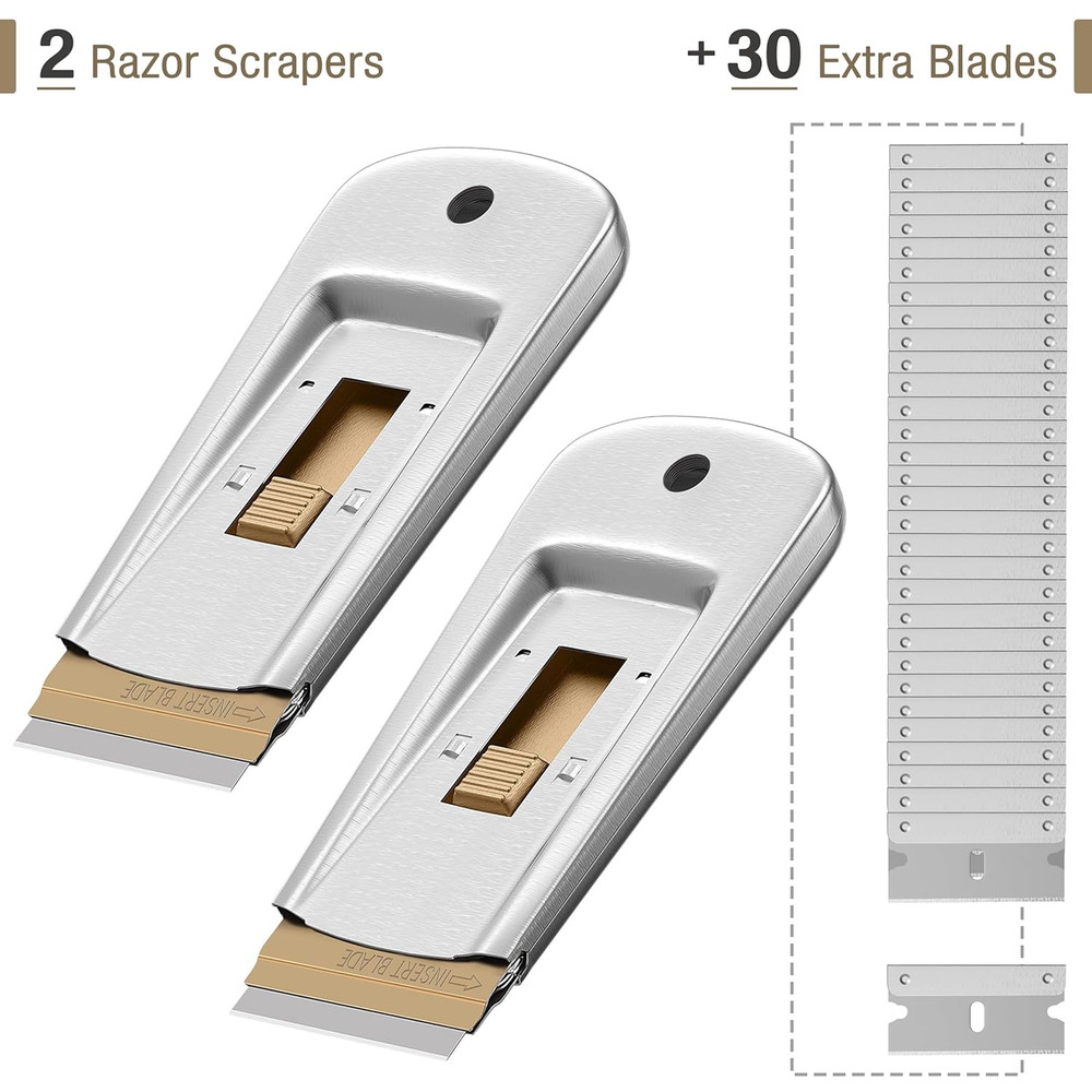 Bates Razor Blade Scraper 2 Pack with 30 Extra Blades for Glass Window Paint