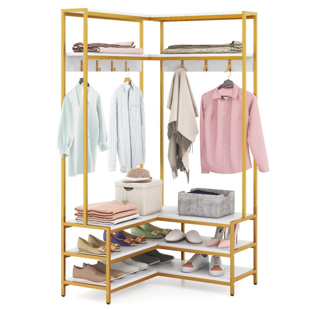 Corner Garment Rack w/ Open Shelves & 7 Hooks Shoe Bench Solid Metal Frame