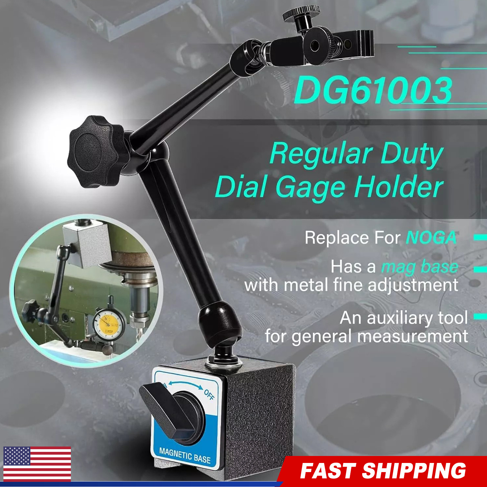 DG61003 H-295 Noga Dial Test Indicator Holder with 176 Lbs Magnetic Base