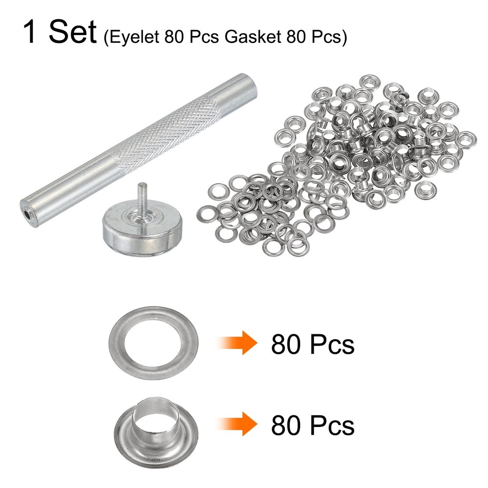 80Set Grommets Eyelets Kit 4mm Copper Eyelets with Setting Tool Silver