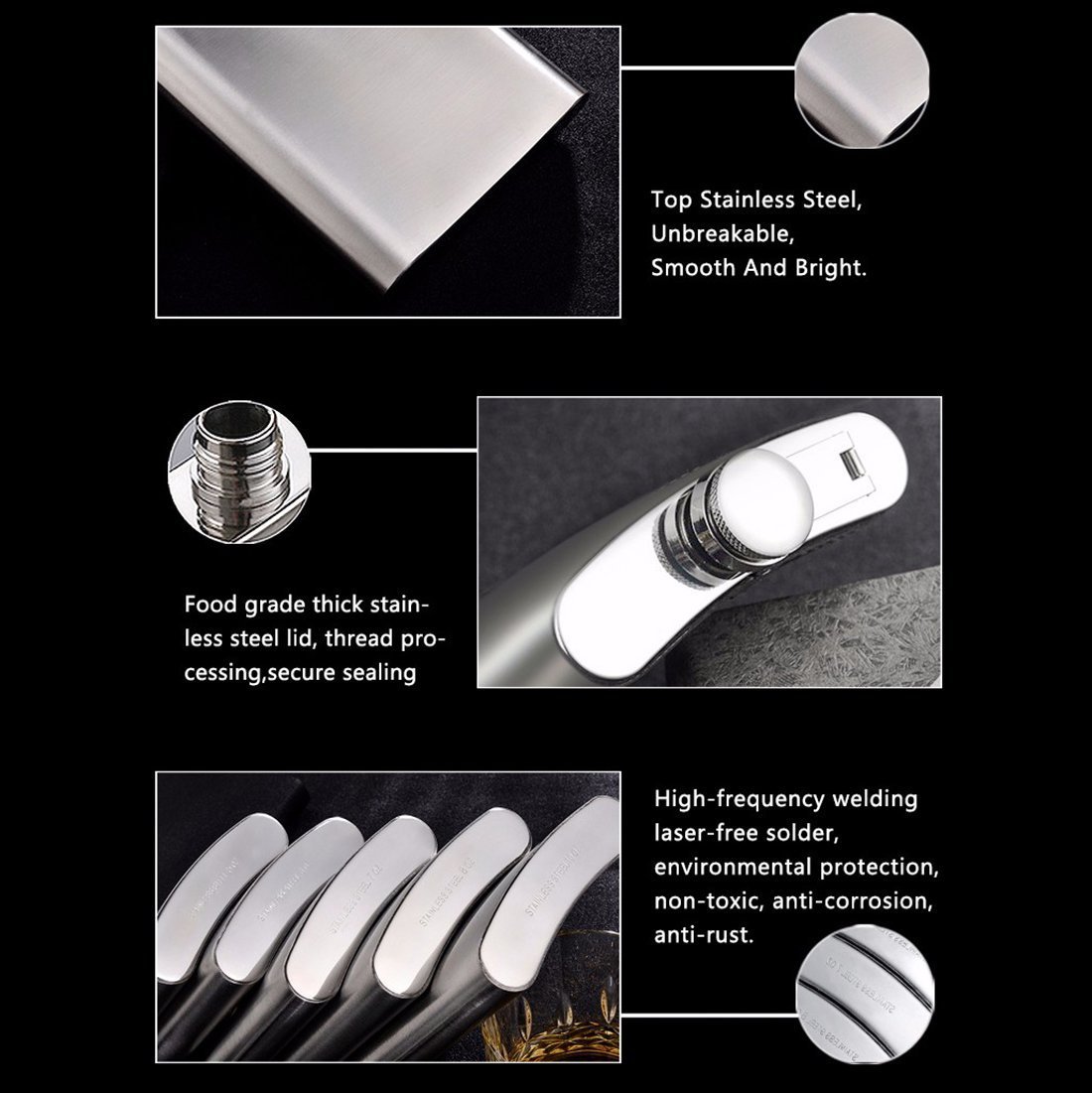 Stainless Steel Pocket Hip Flask -6 8 10 oz Liquor Flask with Screw Cap & Funnel