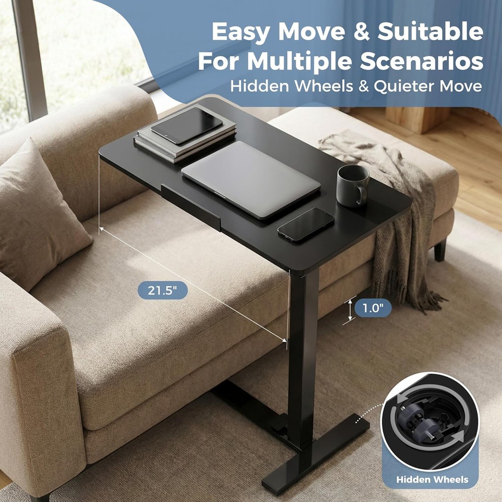 Adjustable Overbed Bedside Table W/ Hidden Wheels Mobile Standing Desk