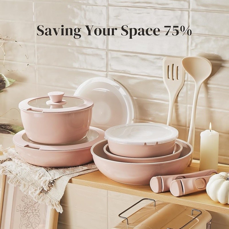 16pcs Nonstick Ceramic Cookware Set Stackable Oven Safe Removable Handle New