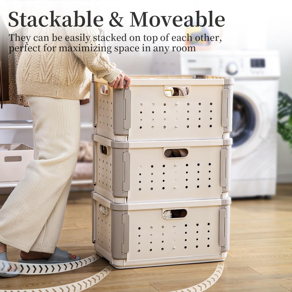 Stackable Plastic Laundry Basket on Wheel, 42L Clothes Laundry Hamper with Di...