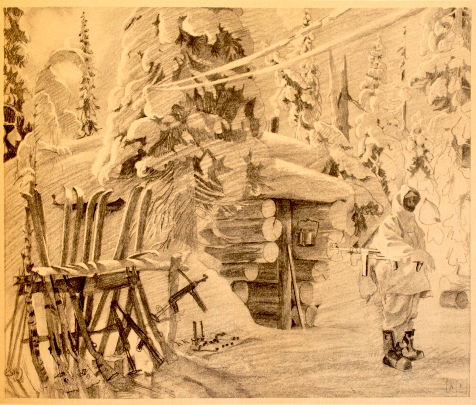 Everyday Winter Life in the Forest of Lapland-WW2-Great Drawings-Wehrmacht '44