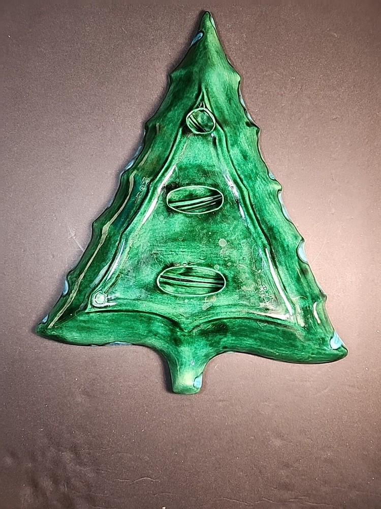 Vintage Large Glazed Ceramic Christmas Tree Divided Dish Serving Nuts Candy