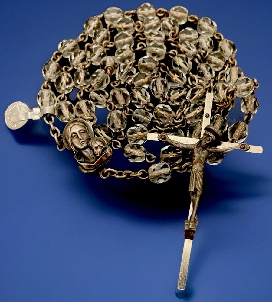 Vintage Catholic Faceted Glass 5 Decade Rosary, Silver Tone Crucifix, Italy