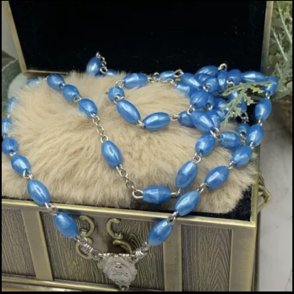 Pearly Blue Plastic Beaded Rosary 31” Catholic Christianity