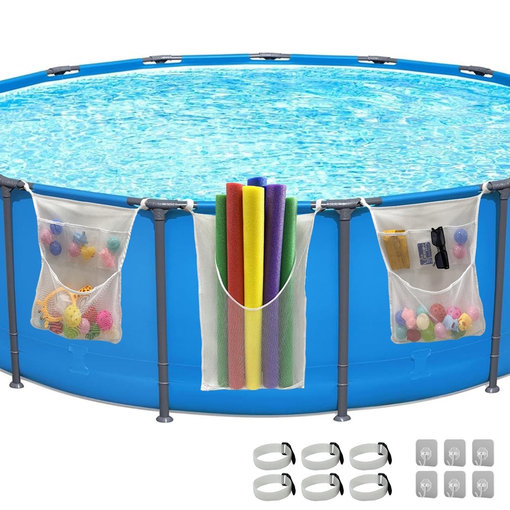 Poolside Pool Float Storage, 3-Pack Mesh Storage Bags with 6 Adhesive Hooks &...