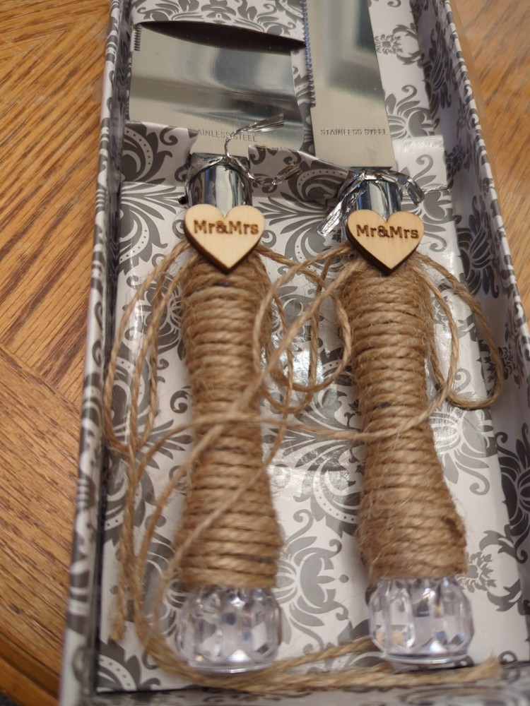 Studio His & Hers Rustic-Style Wedding Cake Knife & Server Set Jute Twine - NEW