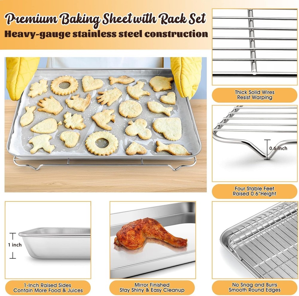 E-far Cookie Sheet with Rack Set, Half Baking Pan for 17.7x13, Silver