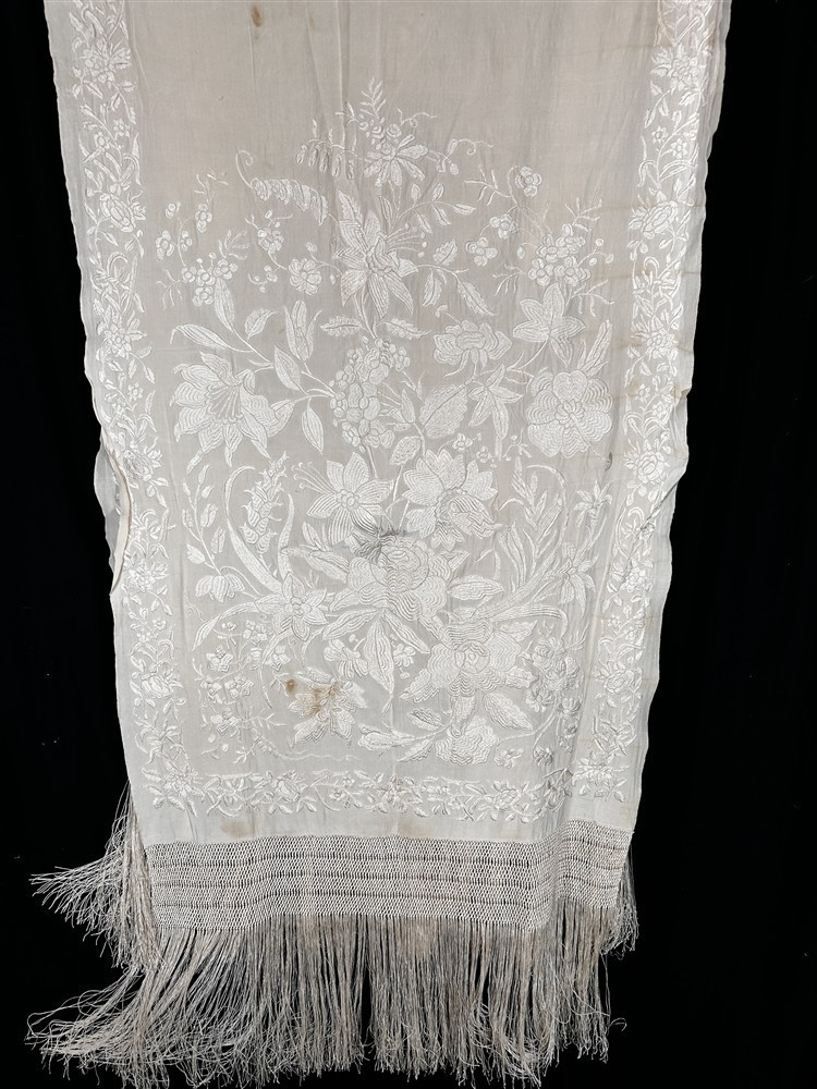 antique silk shawl embroidered white large 26x90 fringe 16 in. original 1800