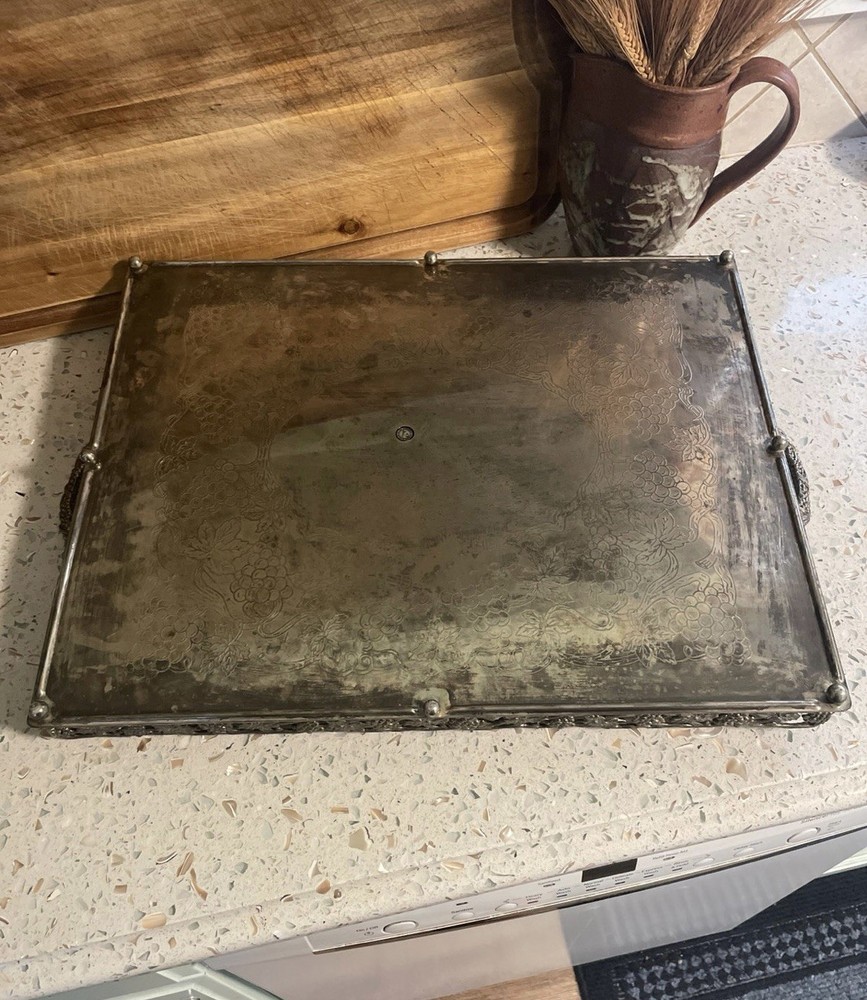 Vtg Godinger Silver Plated Rectangular Tray Grapevine Design w/ Handles