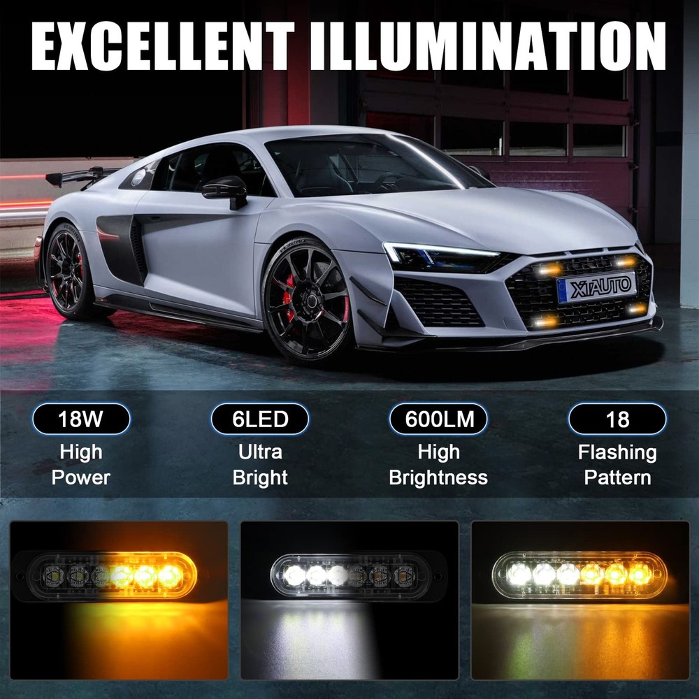 XTAUTO 10pcs LED Emergency Strobe Light, Amber White 6-LED Ultra