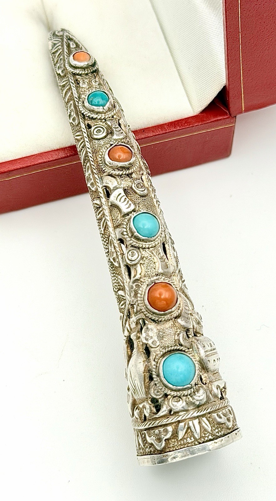 Antique Silver Chinese Finger Nail Guard / Protector Pin Rare Coral & Turquoise
