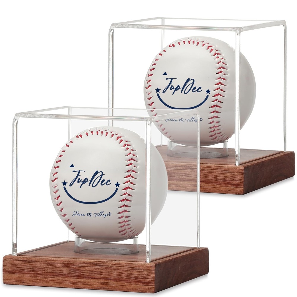 JupDec Baseball Display Case, Clear Cube Holder with 2 Pack, Brown