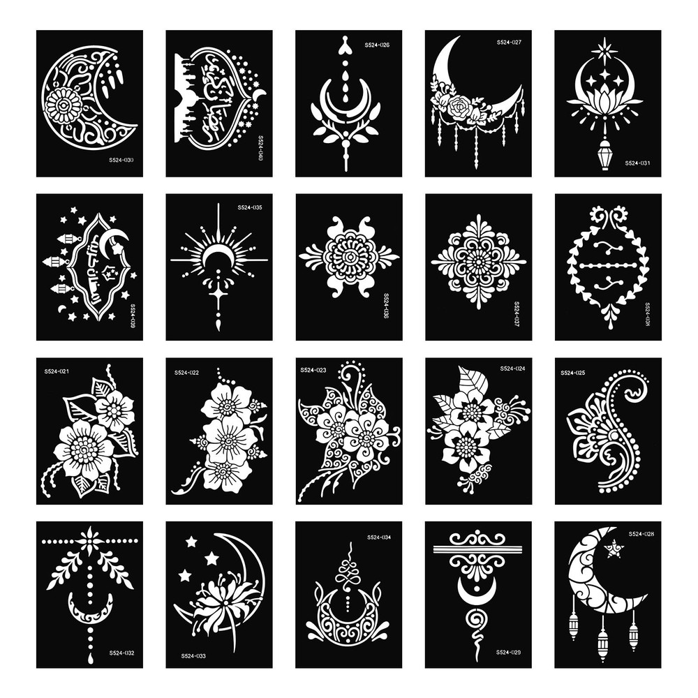 20 Sheets Temporary Tattoo Stencil Kit, Templates for Medium, Black