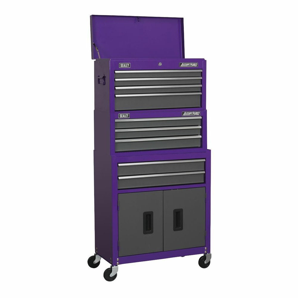 Sealey American Pro Topchest, Mid-Box & Rollcab 9 Drawer Stack - Purple