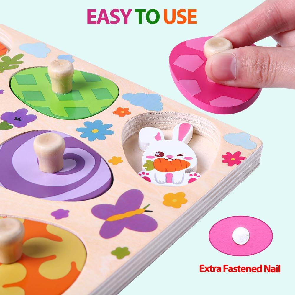 Easter Wooden Pegged Puzzles 8Pcs Bunny Matching Egg Puzzles Easter Montessori T